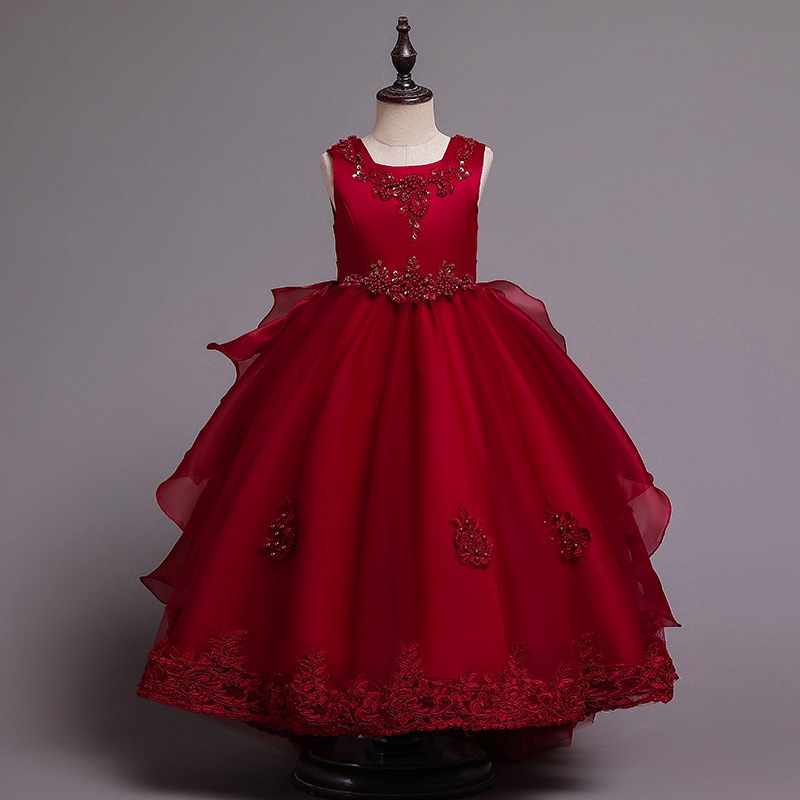 4-14 Years Girls Dresses A-line Red Pink Lace Kids Gown Bow Vestidos Wedding Party 4 6 8 10 12 14 Years Kids Clothes OGF224435