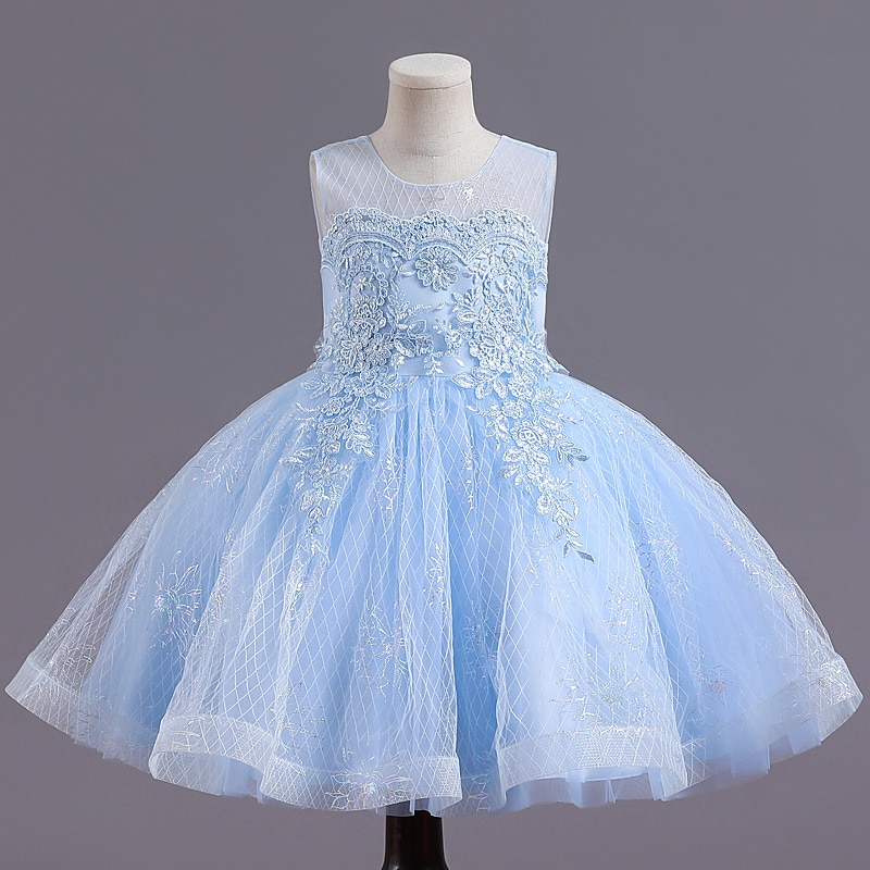 4-14 Years Girls Dresses A-line White Blue Lace Kids Gown Bow Vestidos Wedding Party 4 6 8 10 12 14 Years Kids Clothes OGF224438