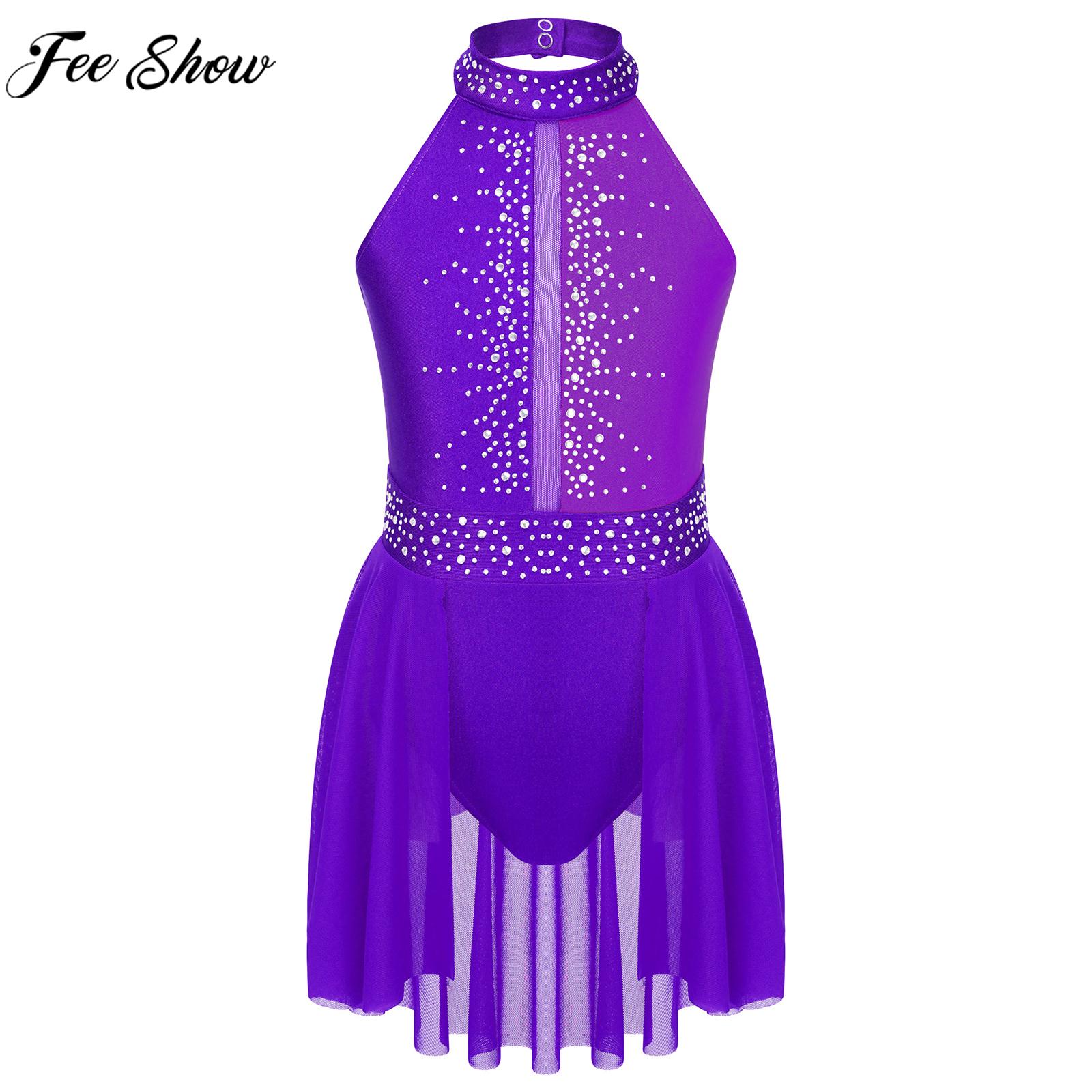 Children Girls Figure Skating Dress Ballet Lyrical Dance Stage Performance Dress Gymnastics Leotard Shiny Rhinestone Dancewear