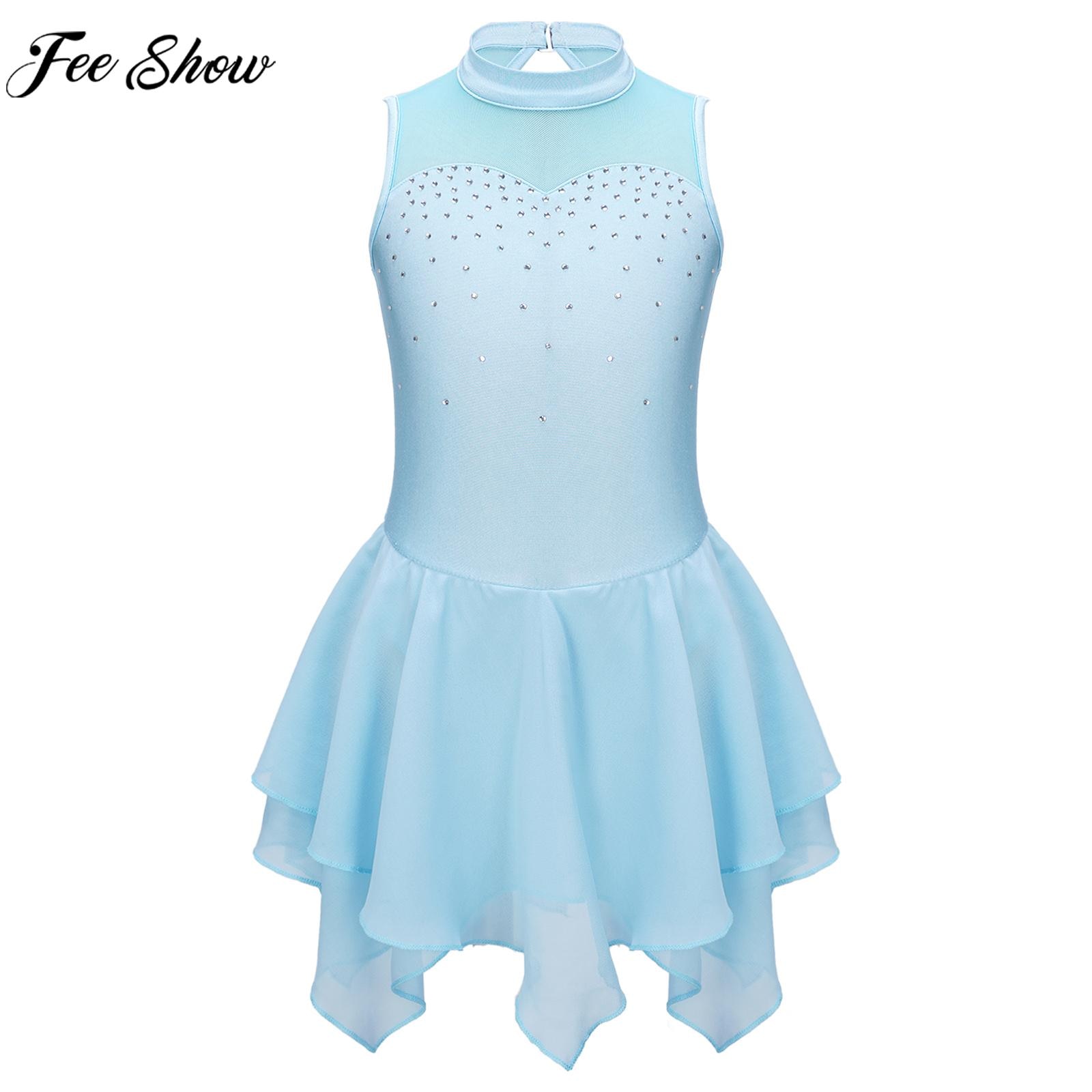 6-16Y Girls Figure Skating Dress Sleeveless Chiffon Dance Leotard Dresses Ballet Tutu Gymnastics Stage Performance Dancewear