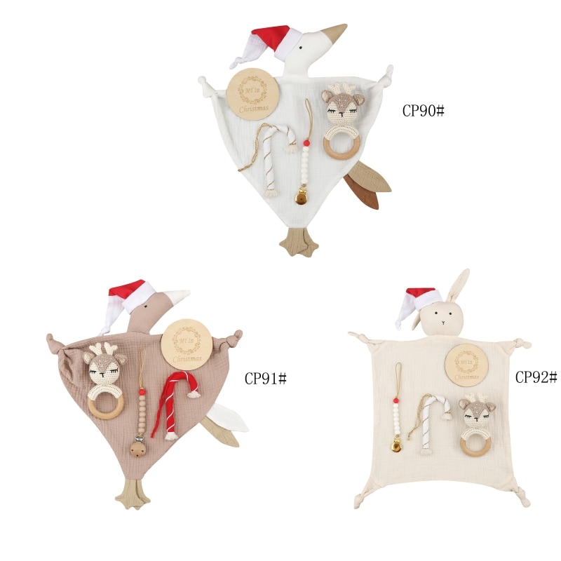 5Pcs Newborn Christmas Gift Cotton Baby Soothe Appease Towel Crochet Elk Baby Wooden Teether Christmas Home Ornaments