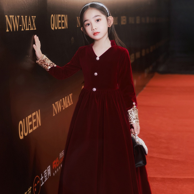 Girls' Long Sleeve Dress Host Children's Red Princess Dress Flower Girl Wedding Little Girl's Piano Performance A