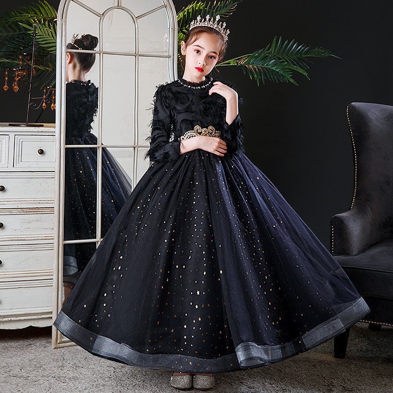 Girls' DressFlower Girl Princess Dress High end Host's Evening Dress Children's Piano Performance Dress Black Aut
