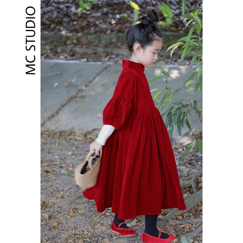 Girls Velvet Dress Flocking Bubble Sleeve Christmas Dress Red Girls Ceremony Dresses Kid Party Wedding Elegant Princess Dress
