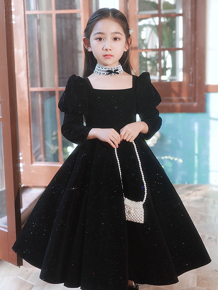 Black Dress Girl's Winter Princess Dress High end Little Girl Hosts Show Children's Piano Performance Costume
