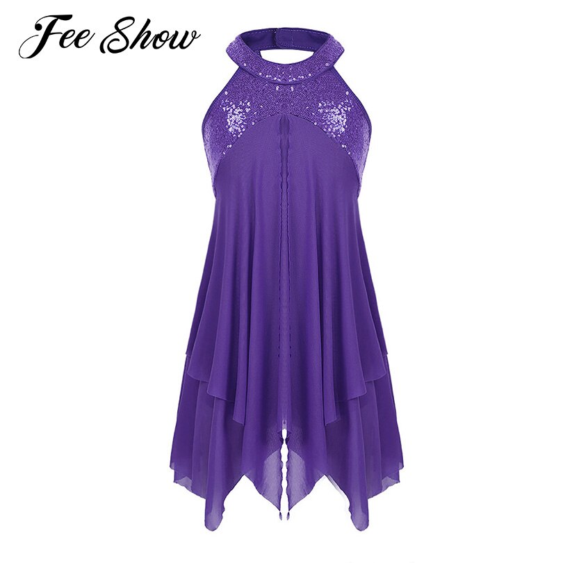 Kids Girls Contemporary Lyrical Dance Dress Halter Sequins Criss Cross Back Leotard Dress for Skating Modern Ballroom Dancewear