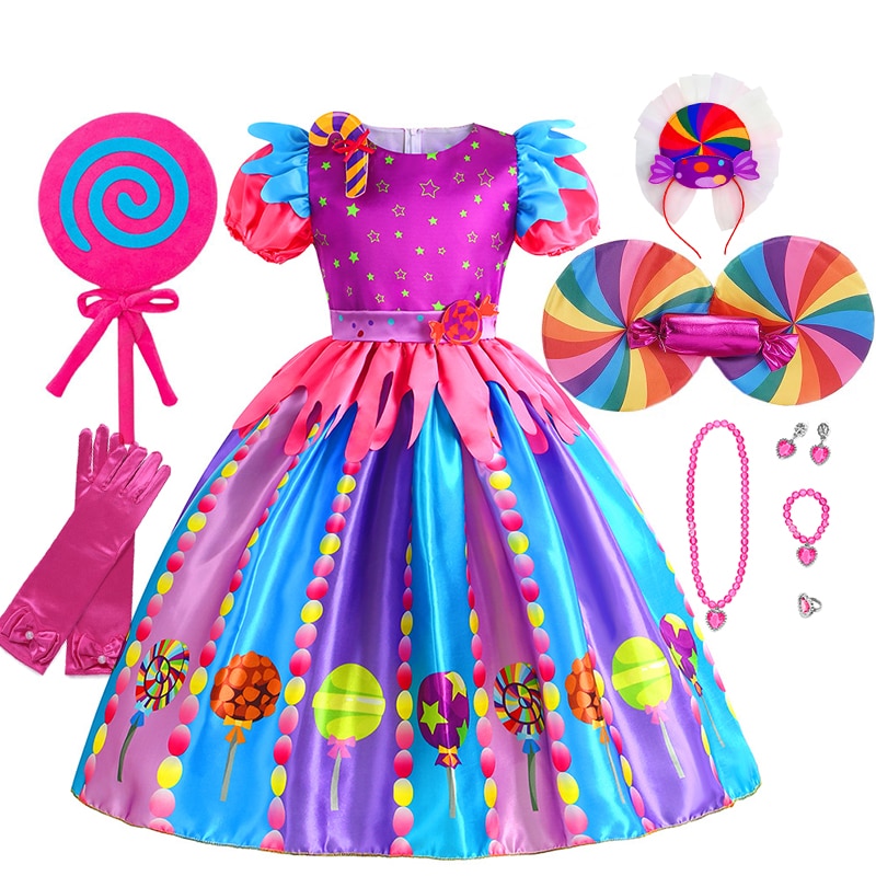Purim Girl's Rainbow Candy Costume Kids Cosplay Lollipop Print Princess Dresses With Lollipop Wand Birthday Party Clothes 3
