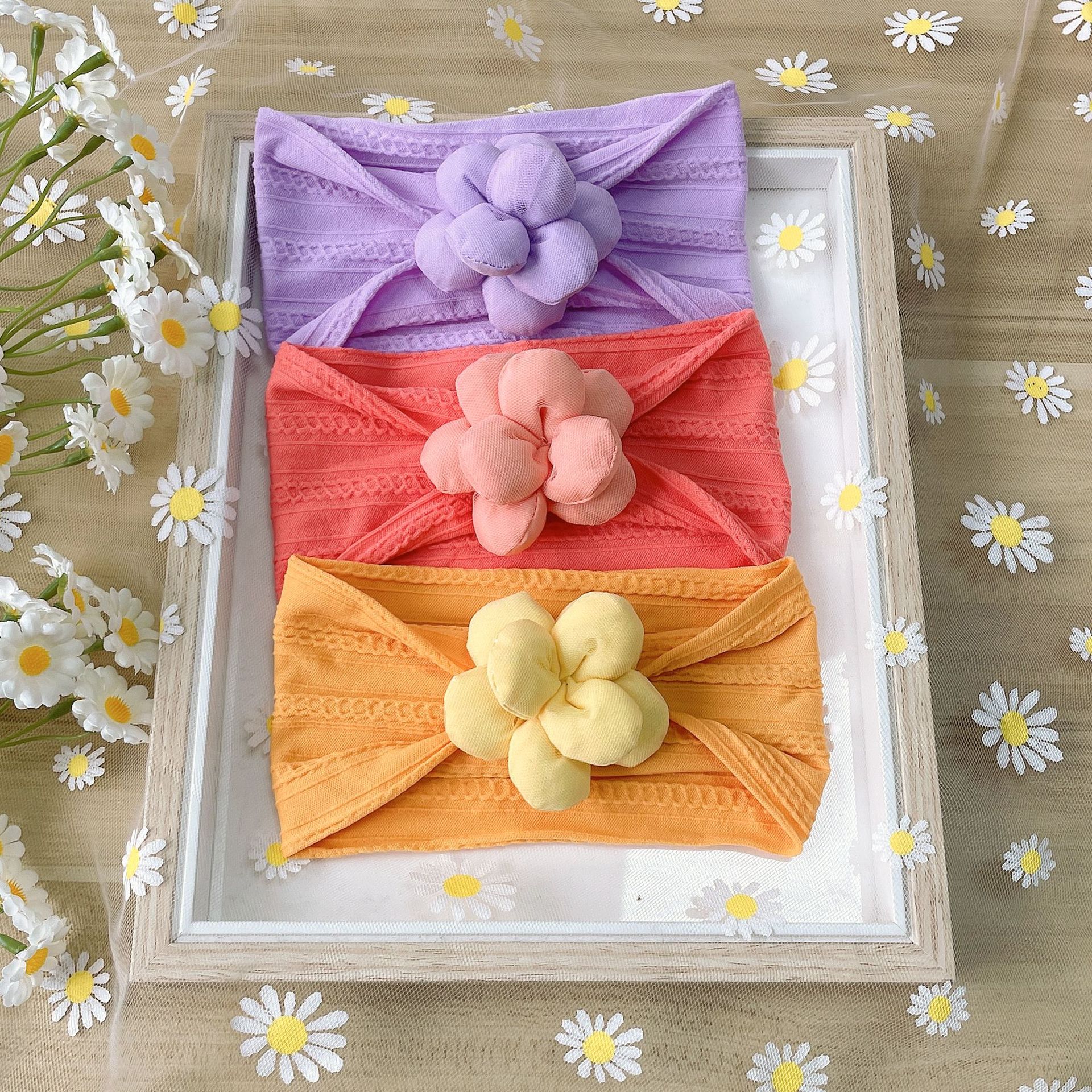 3pcs/set Baby Girls Turban Sets Wide Nylon Soft Turban with Cute Flower Newborn Headband Set Rainbow Colors Children Headwrap