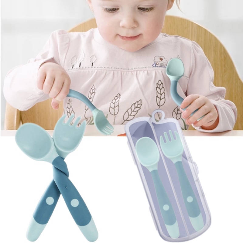 Baby Spoon Silicone Spoon Fork for Baby Utensils Set Auxiliary Food Toddler Eating Training Infant Tableware Bendable Soft Fork