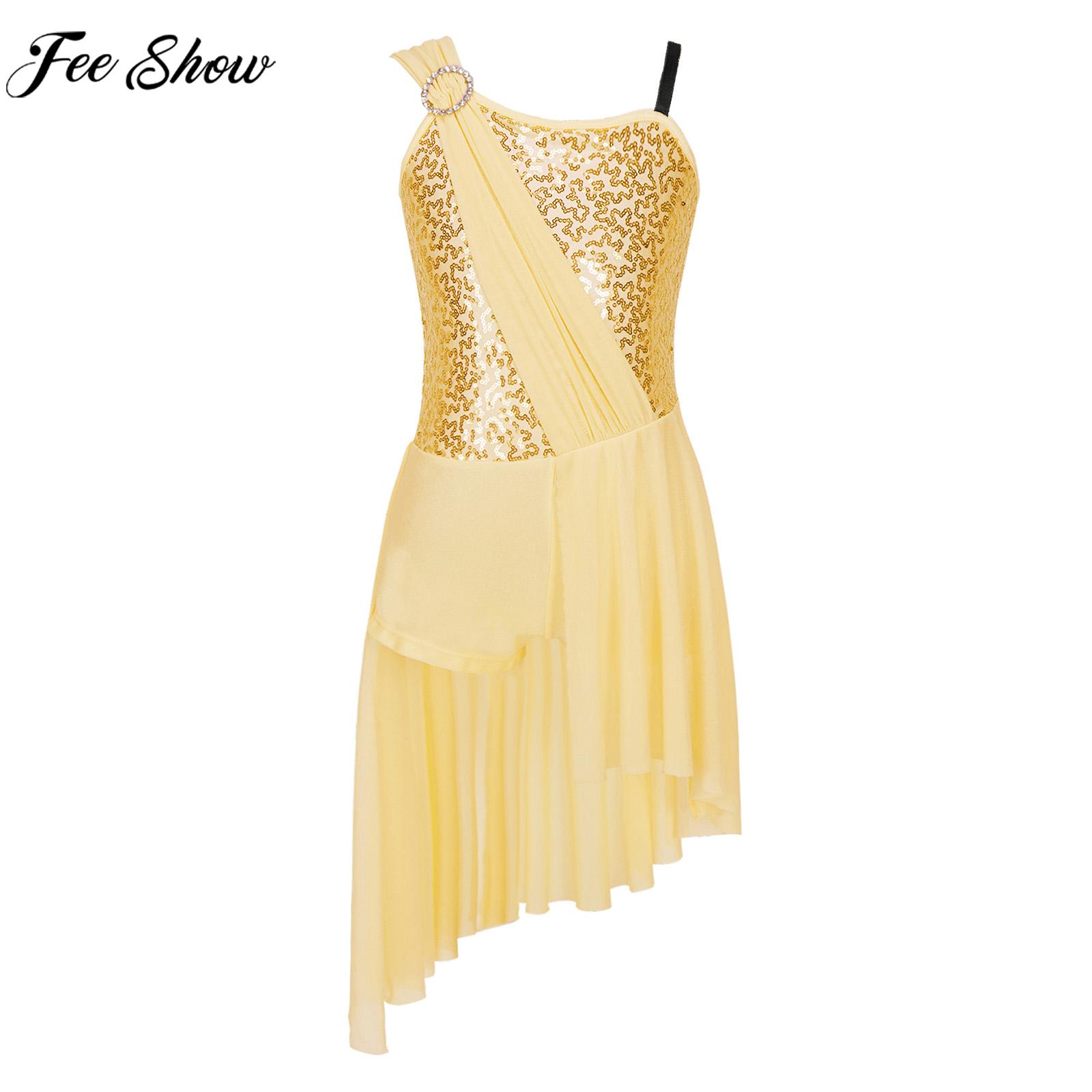 Girls Lyrical Dance Dress Ballet Gymnastics Skating Dancewear Sleeveless Shiny Sequin Leotard Tutu Stage Performance Costume