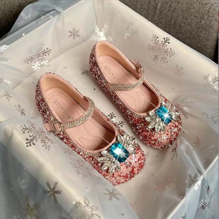 Girls' Princess Shoes 2023 Spring Autumn New Low Top PU Leather Embossed Women's Blue Children's Dance Single Sho
