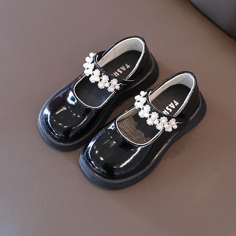 Kids Little Girls Mary Jane School Leather Shoes For Children White Black Pearls Party Wedding Princess Shoes New 2023 5-12T