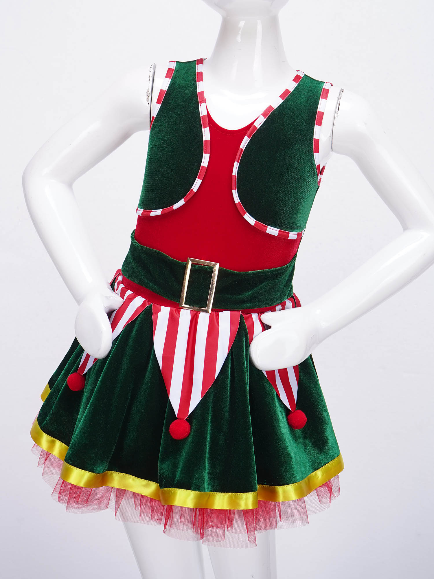 Kids Girls Christmas Dress Sleeveless Jagged Layer Pompom Tutu Dresses with Striped Plush Ball Hat for Performance Theme Party