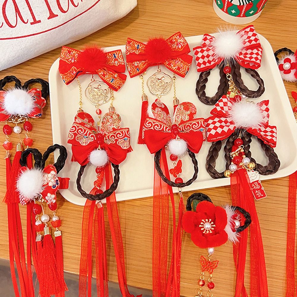 1pair Chinese Style Children Tassel Wig Hair Clip Red Festive Girl Bow Flower Hairpins New Year Hair Accessory Ribbon Hairpins