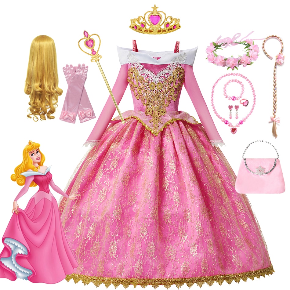 Girls Sleeping Beauty Aurora Cosplay Dress Long Sleeves Off Shoulder Kids Halloween Gift Fancy Party Princess Luxury Clothing