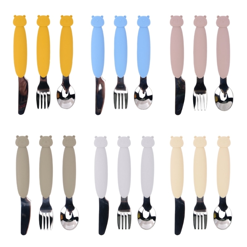 2022 New 3pcs Toddler Utensils Silverware Spoon Fork Knife Set Cartoon Bear Children Flatware Stainless Steel Silicone Cutlery