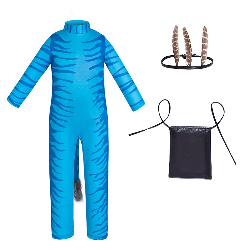 Kids Boys Girls Blue Jumsuits with Feather Headwear for Role Play Children Printed Cosplay Costumes for Halloween Carnival Party