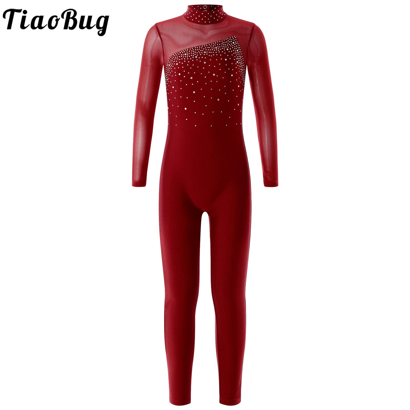 Kids Girls Shiny Rhinestone Ballet Dance Leotard Jumpsuit Sports Gymnastics Workout Skating Competition Performance Dancewear