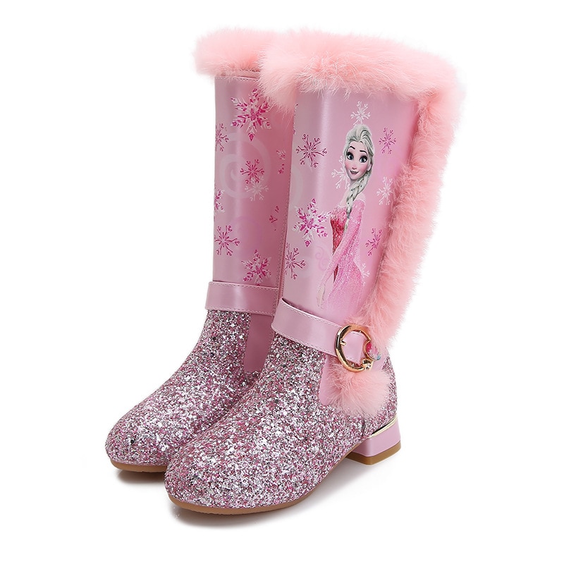 Disney Frozen Girls' Snow Knee-Length Boots Winter Warm Girl Boots Princess Elsa Pink Blue Shoes Plush Fur Boots Size 26-36