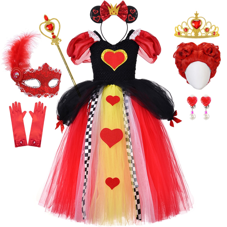 Red Queen Cosplay Dress For Girls Red Heart Applique Tulle Princess Costume 2-12 Yrs Kids New Year Stage Performance Clothes
