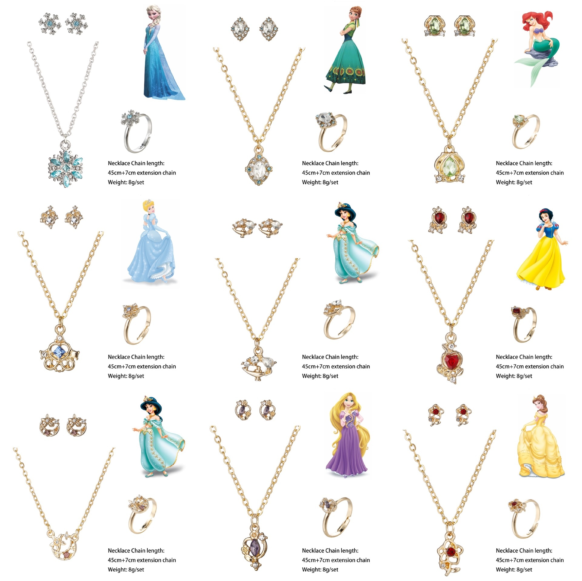 3PCS Baby Girls Elsa Anna Princess Jewelry Set Necklace Earrings Series Metal Inlay Mermaid Cosplay Accessories Kids Party Gifts