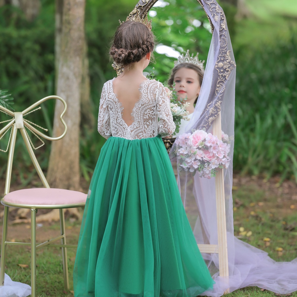 3-12 Years Princess Girls Lace Backless Long Dresses Baby Kids Flower Girl Wedding Birthday Party Vestidos Children Clothing
