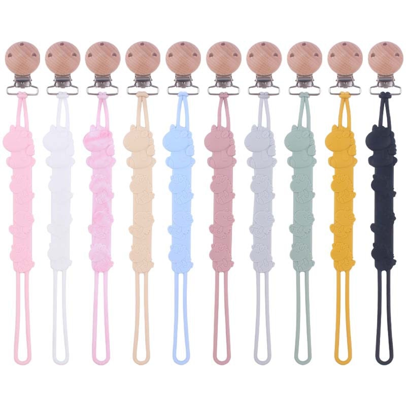 Cartoon Animal Pattern Silicone Baby Pacifier Chains Holder Chain Beech Wood Pacifier Clip For Teether Nursing Toy Shower Gifts