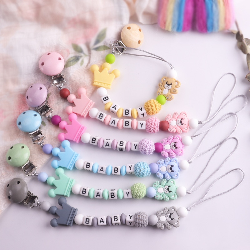 Custom Personalized Name Pacifier Clip Handmade Cute Bear Chain Silicone Crown Holder Soother Baby Teething Toy Chew Gift