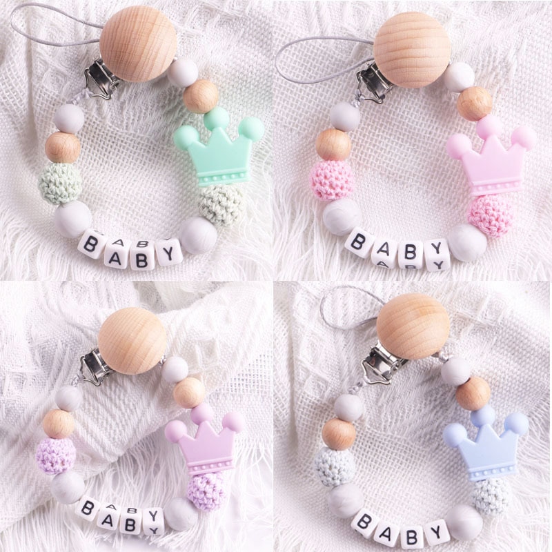 Baby Pacifier Clip Chain Personalized Name Crown Dummy Holder Nipples Clips Silicone Teething Beads Baby Birthday Shower Gift