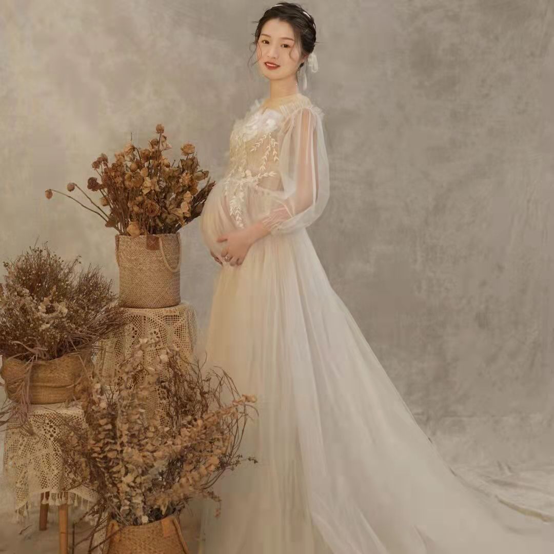 Maternity Photoshoot Clothing Tulle Dress Long Clear Sleeve Dress Maternity Dress Photography Party Wedding Bride Gown