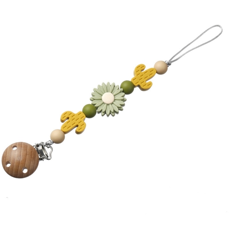 Cute Silicone Flower Pacifier Holder with Clip Wood Teething Toy Modern Unisex Baby Shower Birthdays Christmas Gift