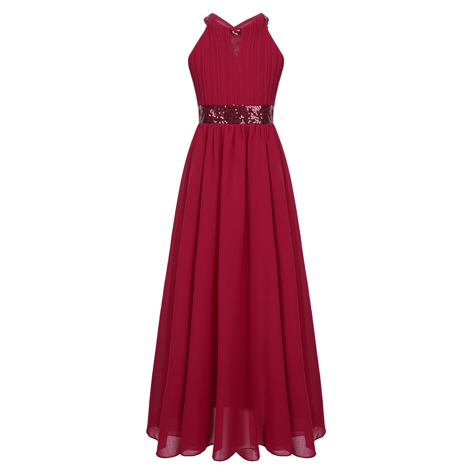 Kids Wedding Flower Girls Dresses Shiny Sequin Chiffon Long Dresses Evening Party Dress Sleeveless Ruched Bodice Party Dress