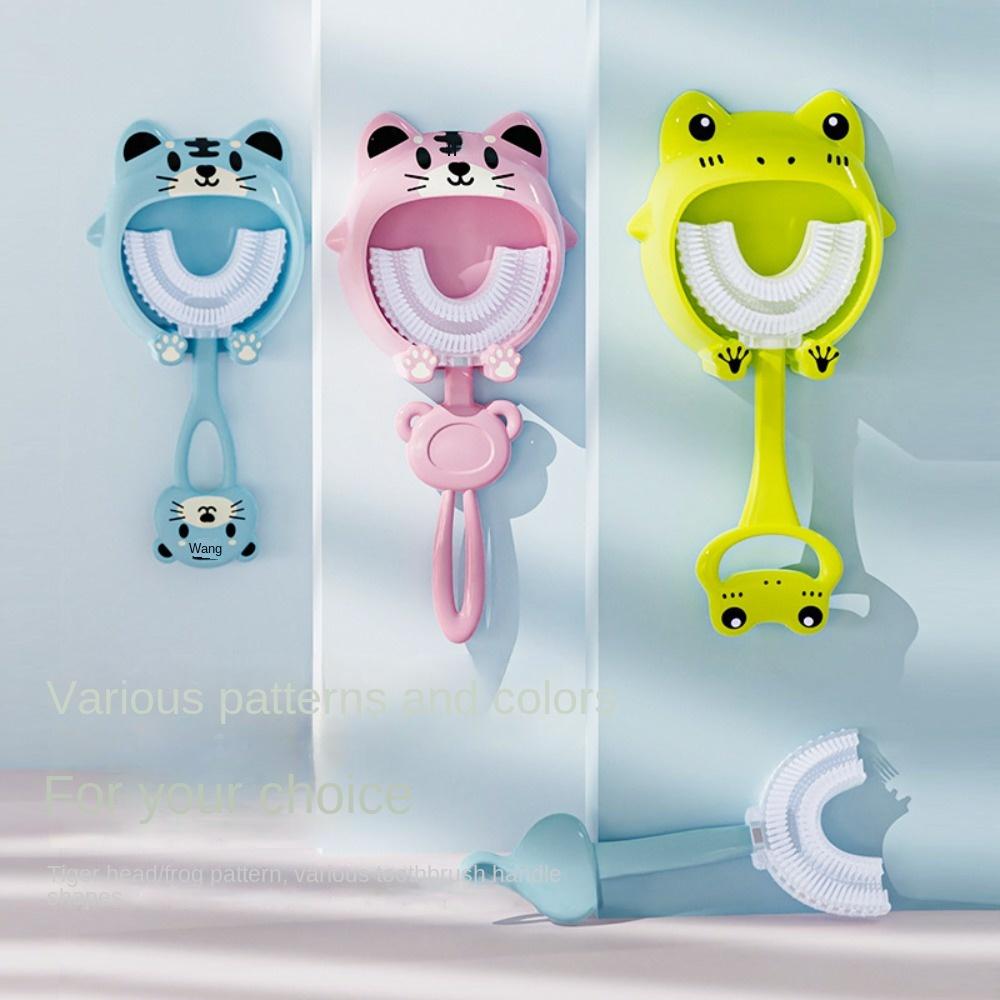 Creative U-shape Kids Toothbrush Cartoon Frog Print Toothbrush With Holder Children's Silicone Cleaning Tools