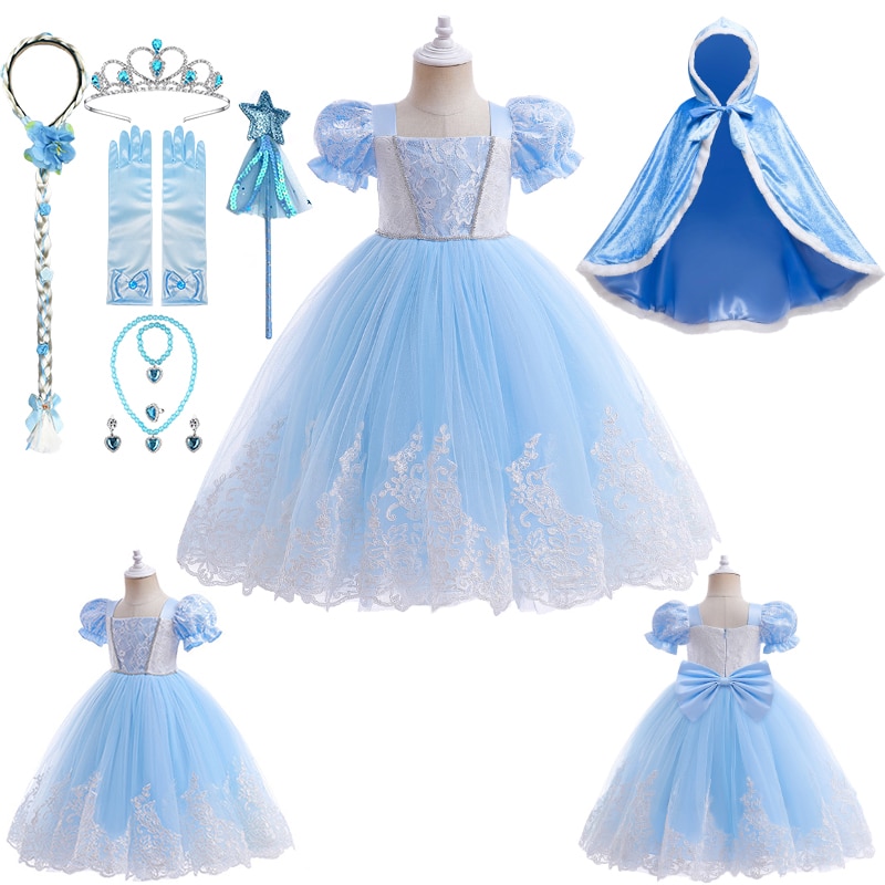 Christmas Fantasia Girl Lace Flower Tulle Princess Dress Carnival Children Snow Queen Elsa Puff Sleeve Ball Gown Party Dresses