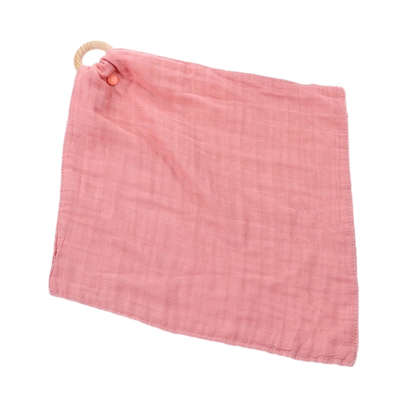 Baby Soother Appease Towel Bibs with Wooden Teether Ring Solid Color Bandana Burp Cloth Infant Toys