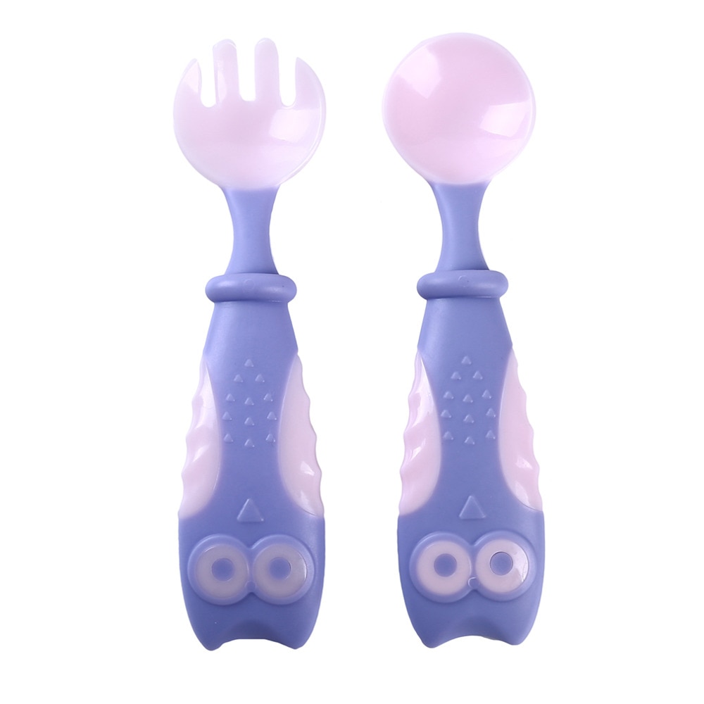 2 pcs/set Baby Plastic Bebe Spoon Baby Feeding Training Spoon Tableware Cartoon Owl Toddler Portable Training Eating Fork Set