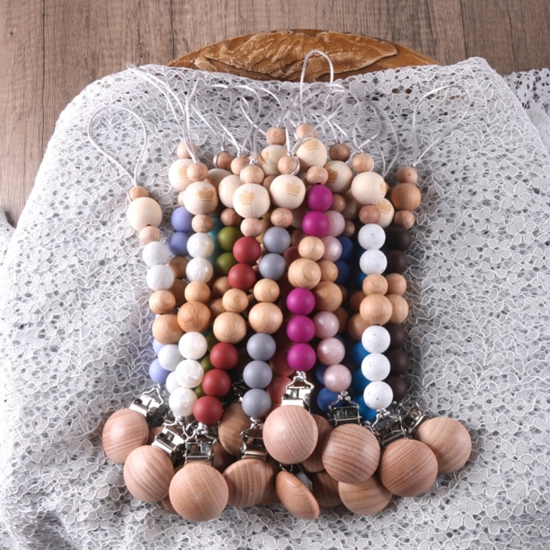 Cute Silicone Bead Pacifier Clip for Baby Girls Boys Wooden Soother Chain Holder Babies Newborn Teething Toy Shower Gift