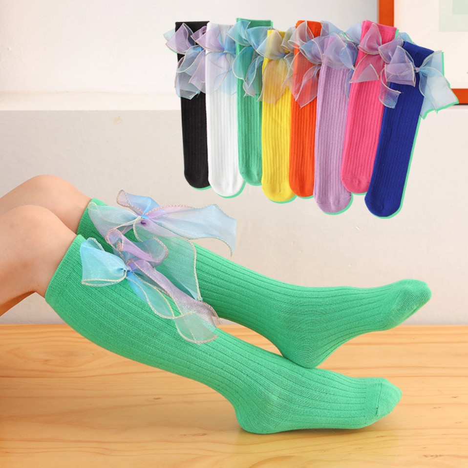Fashion Children Socks With Bows Baby Girls Knee High Cotton Toddler Long Stocking For Kids Candy Color One Pair Infant Sock