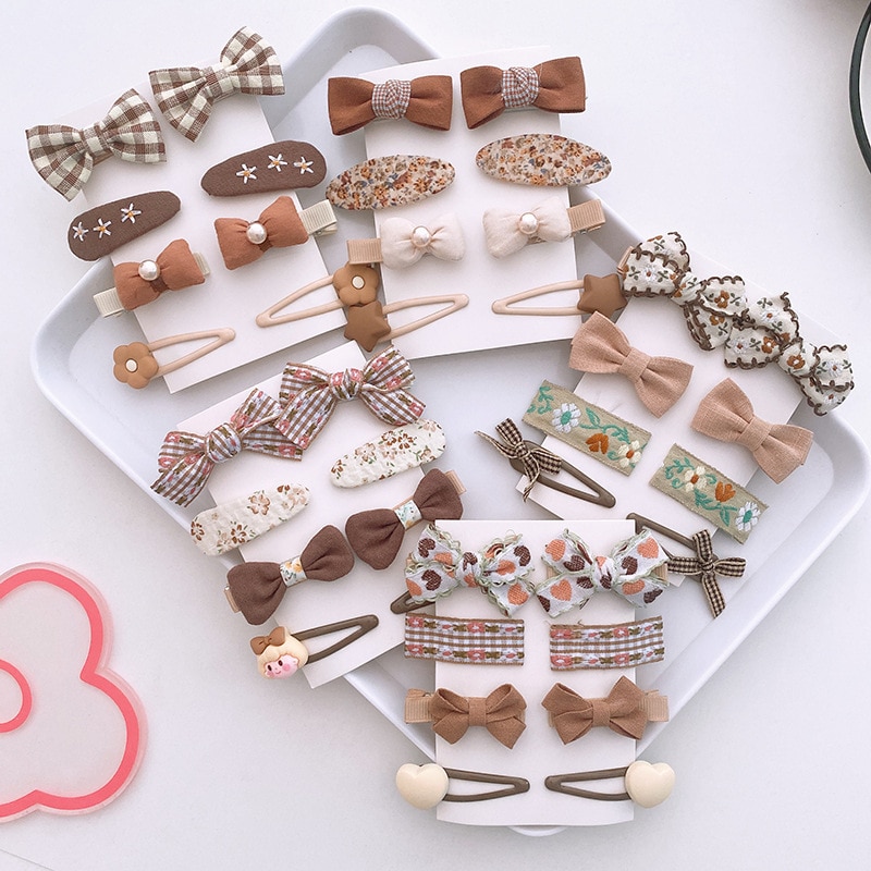 8pcs New Cute Milk Tea Bow Princess Hair Clip Baby Girl Bow Hairpin Fabric Bang Side Clip Kid Girl Hair Accessories