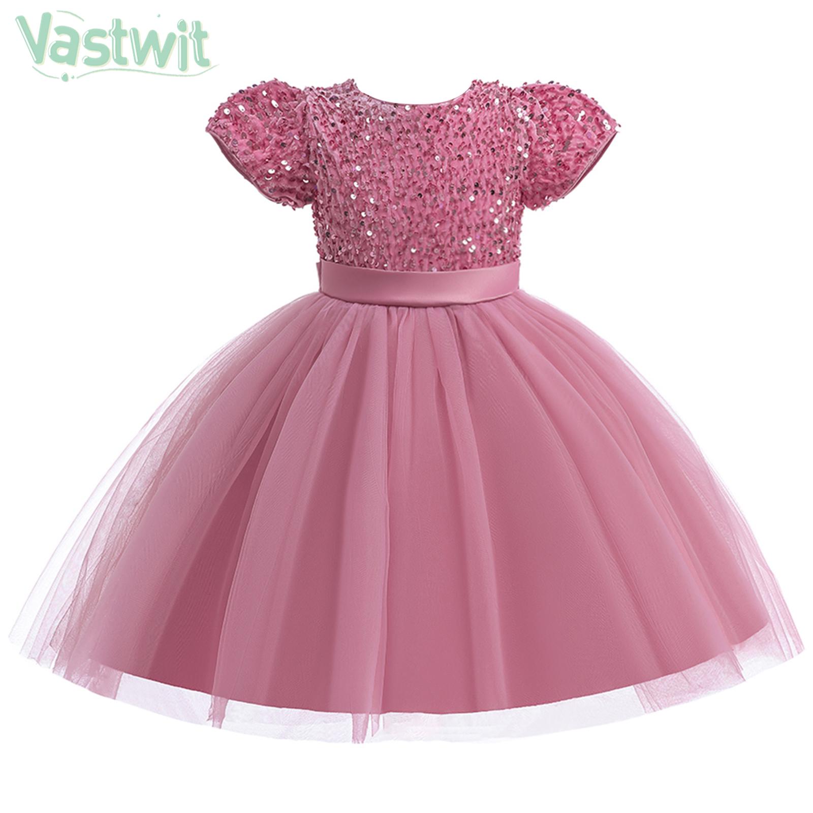 Child Girls Elegant Christmas Birthday Party Dress Wedding Bridesmaid Gown Short Sleeve Shiny SequinsTulle Tutu Princess Dresses