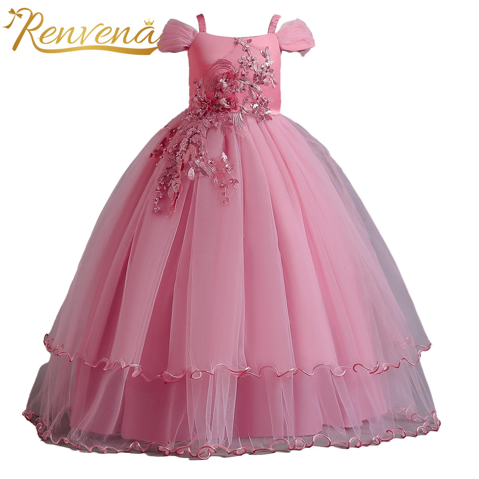 Kids Girls Exquisite Embroidery Party Dress Off-Shoulder Ruffle Tiered Tulle Princess Dress Maxi Gown for Holy Communion Pageant