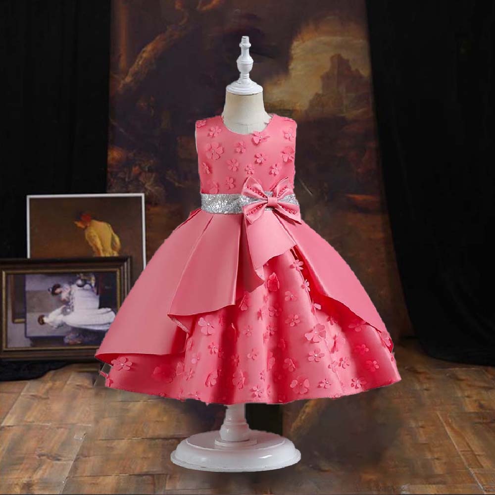 High Quality Red Satin Princess Flower Dress Girl's Birthday Ball Gown For Kid 2-10 Years