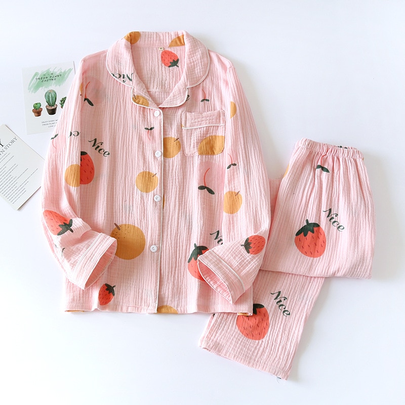 Spring And Autumn New Women's Pajamas Set 100% cotton Crepe Long-Sleeved Trousers Two-Piece Fruit Loose Home Wear Sleepwear