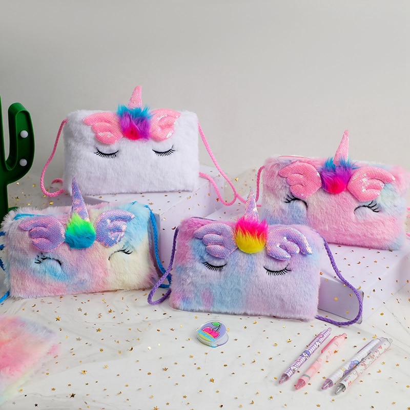 Cartoon Unicorn Baby Girls Crossbody Bags Cute Soft Plush Children's Shoulder Bag Winter Fashion Kids Handbags Coin Purse