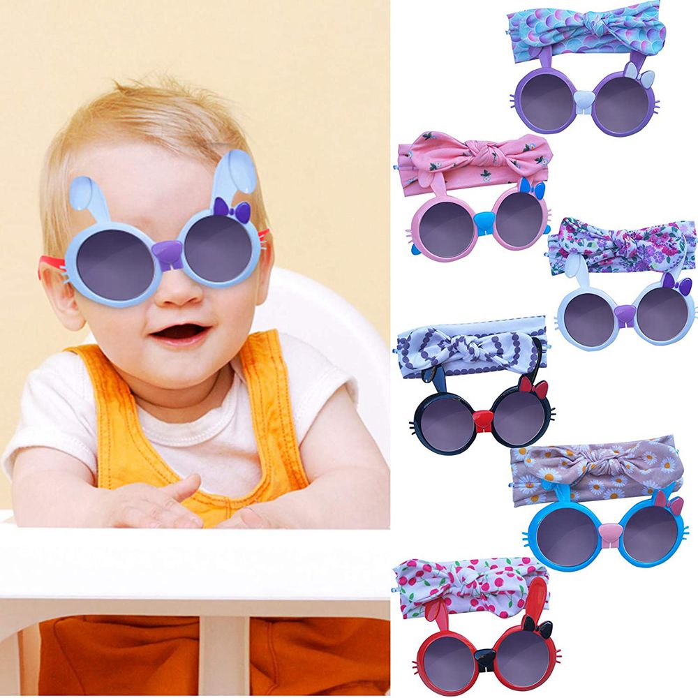 Cute Kids Baby Girls Unicorn Cat Pig Cartoon Sunglasses with Bowknot Headband Summer Sun Glasses Beach Photo Shoot Accessories