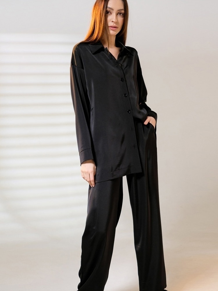 Linad Black Pajamas For Women 2 Piece Sets Long Sleeve Turn Down Collar Sleepwear Female Trouser Suits Spring Casual Nightwear
