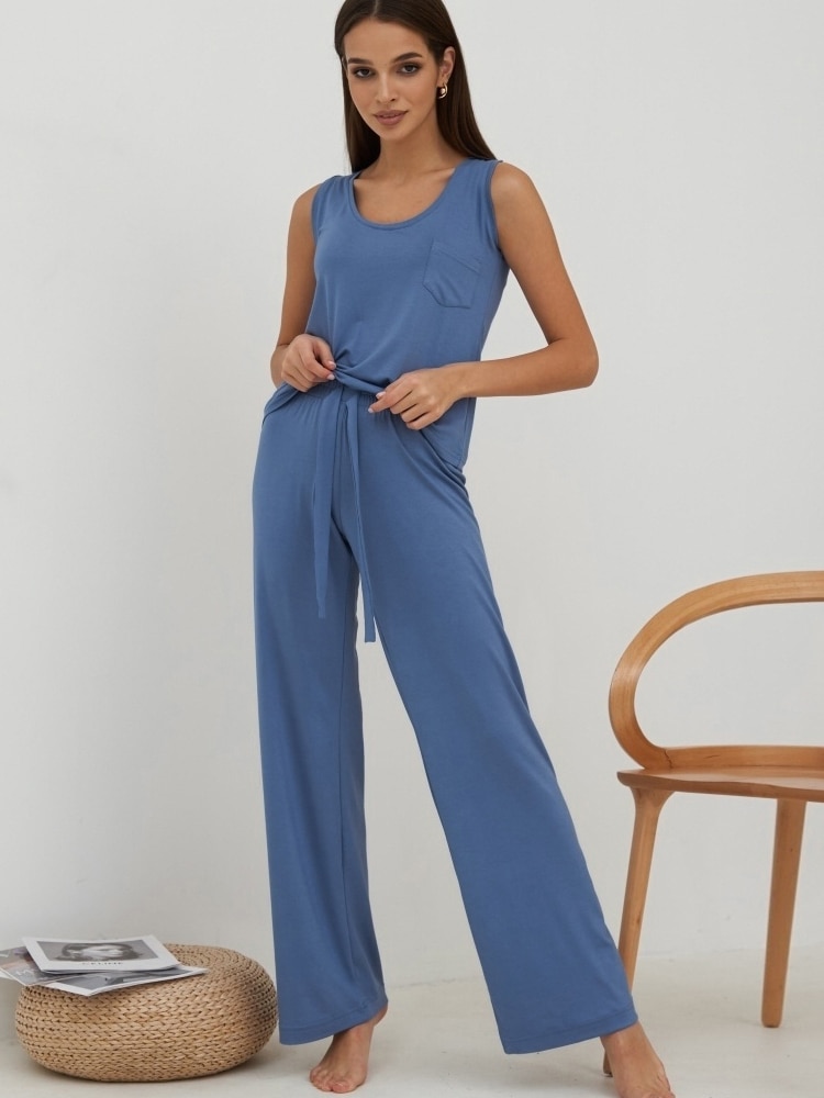 Linad Knitted Pajamas For Women 2 Piece Sets O Neck Sleeveless Sleepwear Female Trouser Suits 2023 Spring Casual Nightwear