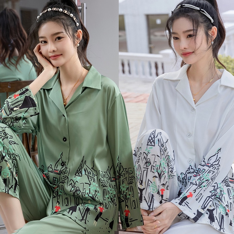 Ice Silk Women'S Pajamas Set Long Shirt&pants Pyjama Two Pieces Set Lady Casual Print Homewear Loungewear Fashion Sleep