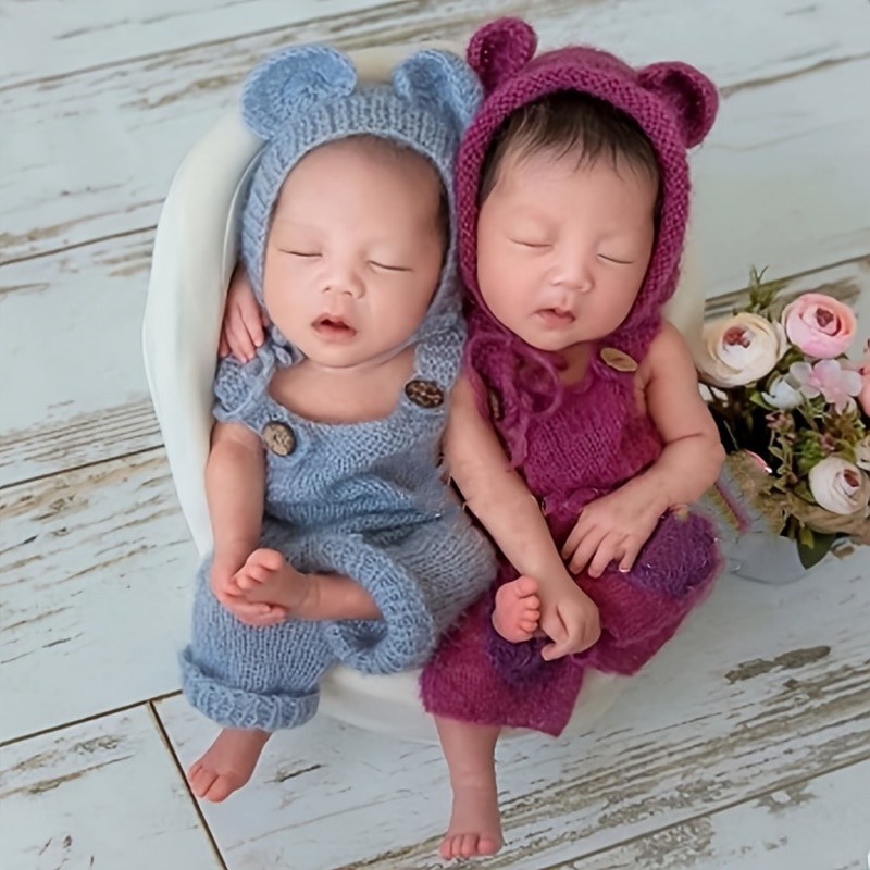 2 Pcs/set Newborn Photography Props Hand Knit Mohair Set Bear Bonnet + Braces Pants Baby Photography Accessories