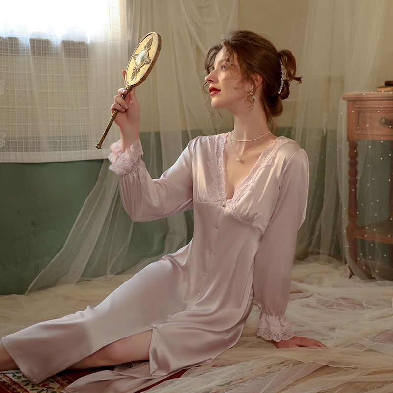 Purple Princess Style Nightgown Women Elegant Lace Trim Sleepwear Satin Silk Long Home Dress Lingerie Lounge Wear Sleepdress